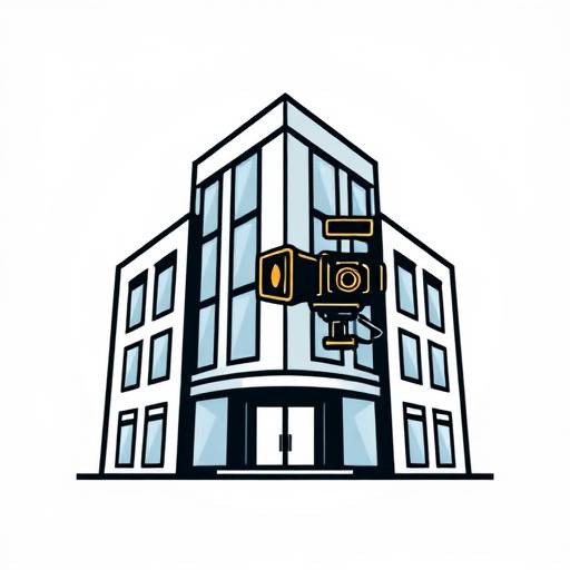 Corporate Video Production Icon: a stylized building and camera