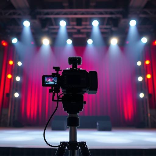 Event Video Production Icon: a stage with spotlights and a camera