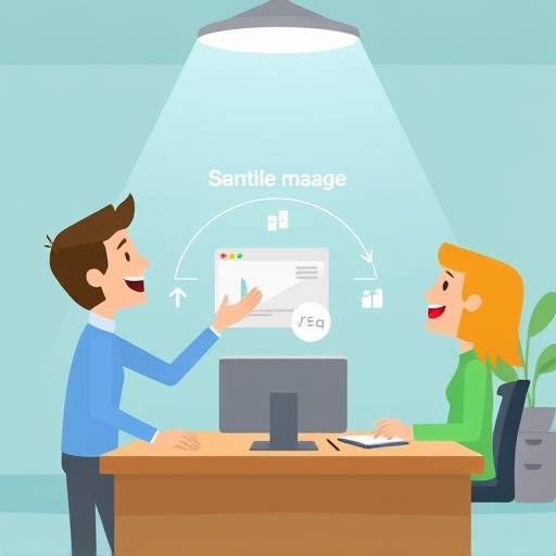 Scene from an animated explainer video, illustrating a complex software process with simple visuals