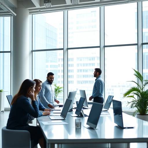Screenshot from a corporate video for a local tech company, featuring employees working in a modern office